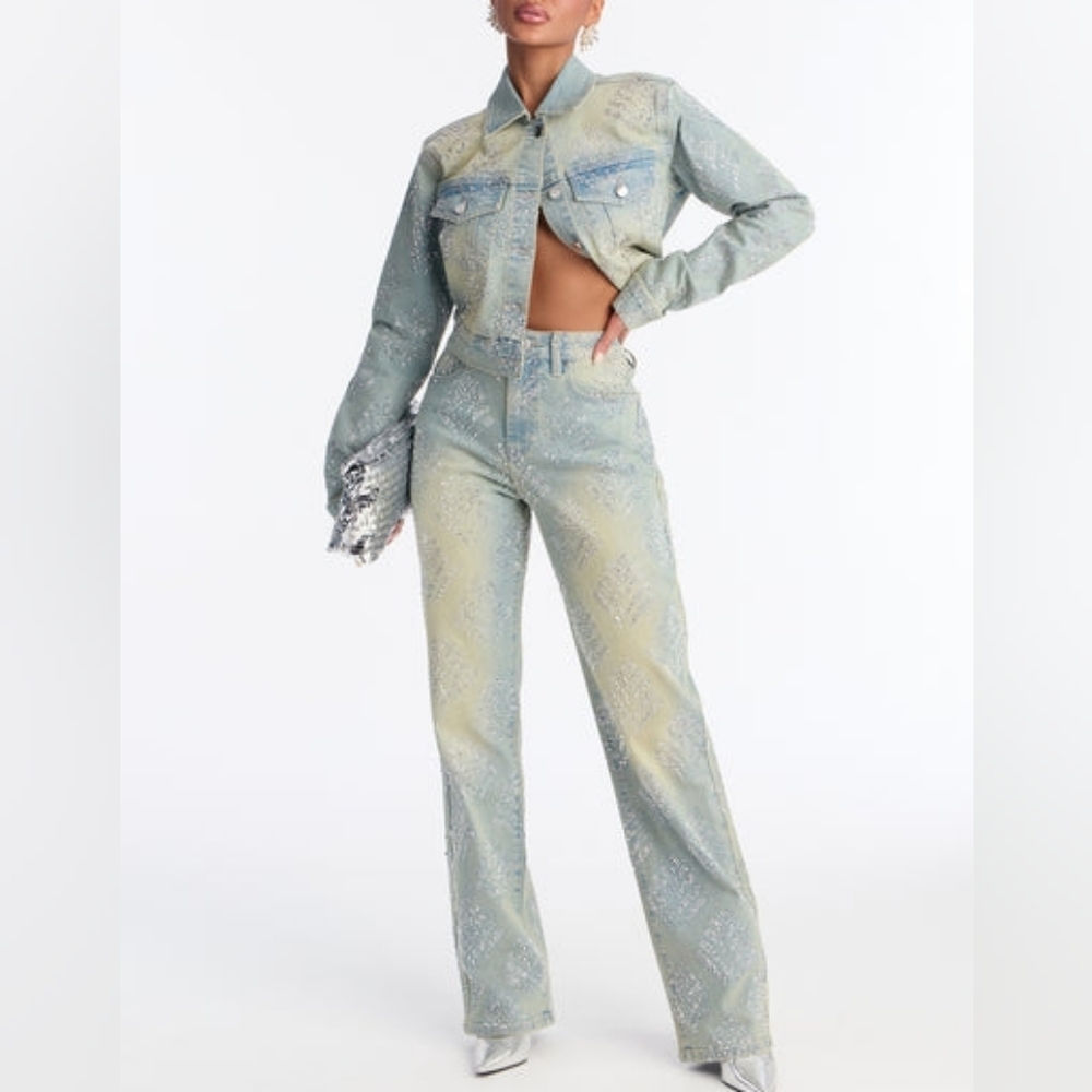 Fashion NOVA Set Star Quality Embellished Denim Jacket +Jeans Vintage Wash